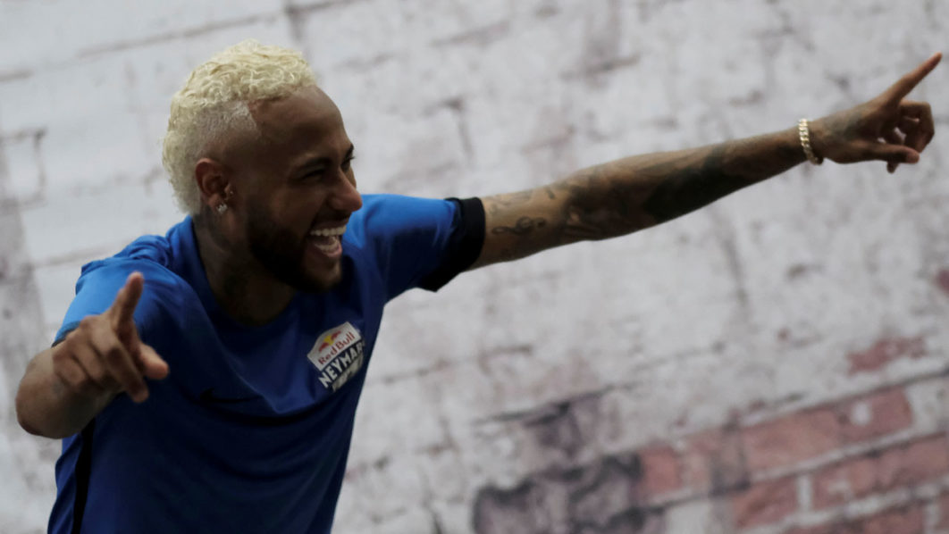 Brazilian soccer player Neymar gestures before an interview with Reuters in Praia Grande