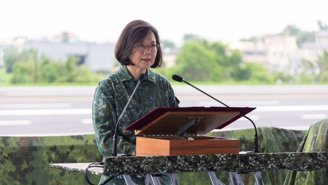 Taiwan President Tsai Ing-wen speaks during the Han Kuang military exercise simulating China’s People’s Liberation Army (PLA) invasion of the island, in Changhua