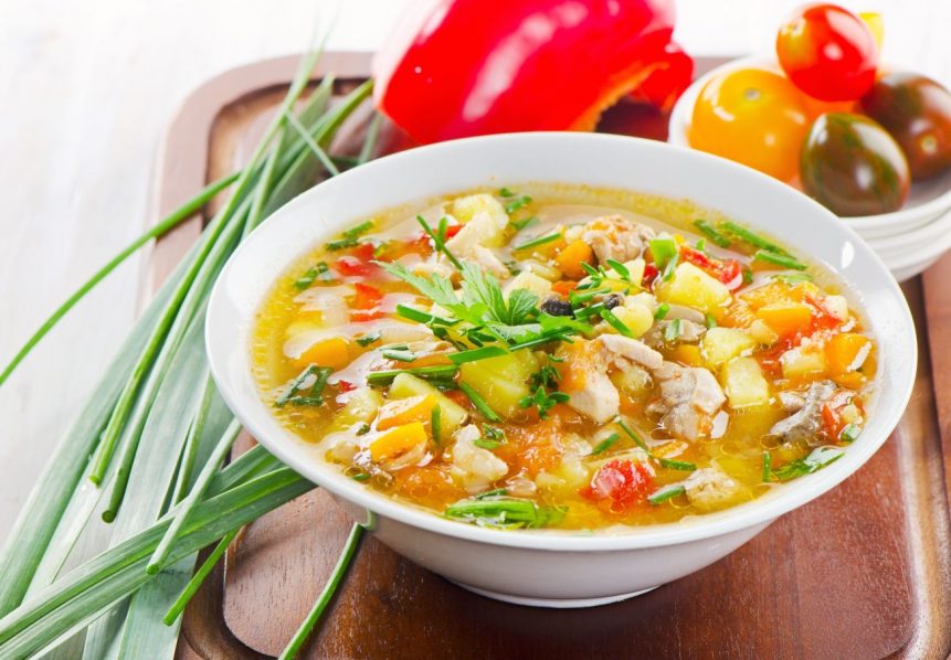 21608300 – bowl of vegetable soup with chicken. selective focus