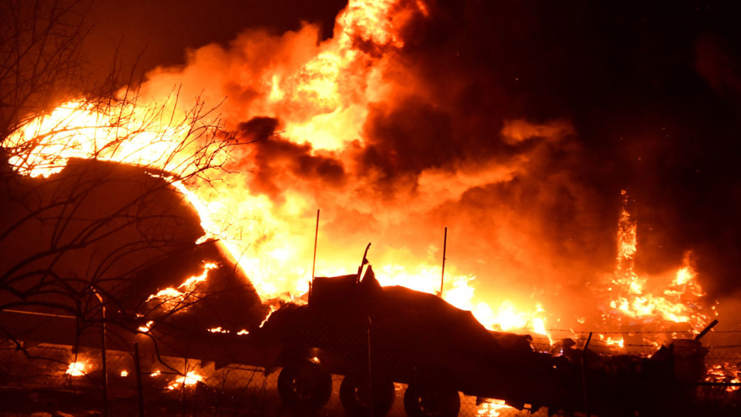 A wind driven wildfire in the hills of Canyon Country north of Los Angeles, California