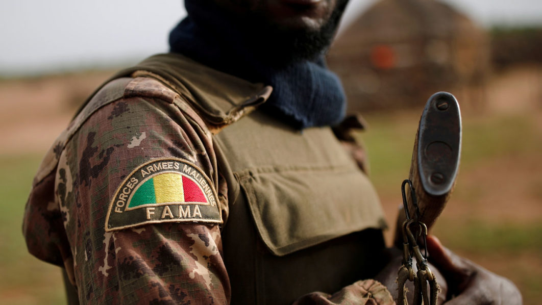A Malian Armed Forces (FAMa) patch worn by a soldier is pictured during the Operation Barkhane in Ndaki