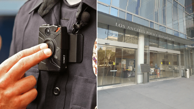 An LAPD officer is under investigation after his bodycam footage allegedly caught him fondling a dead woman’s breast Picture – AP-Google Maps)