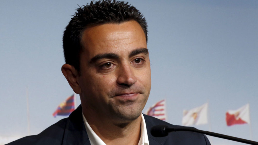 Barcelona’s Xavi Hernandez announces the pregnancy of his wife Nuria Cunillera during his farewell event at Auditori 1899 in Nou Camp stadium Barcelona