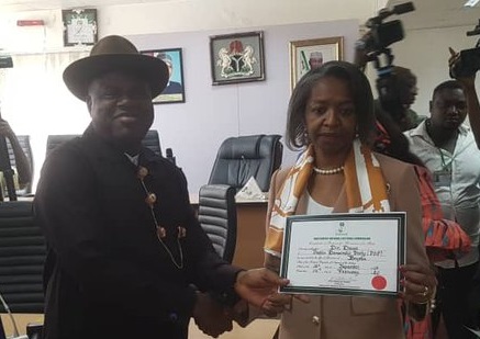 Senator Duoye Diri receiving certificate of return from INEC