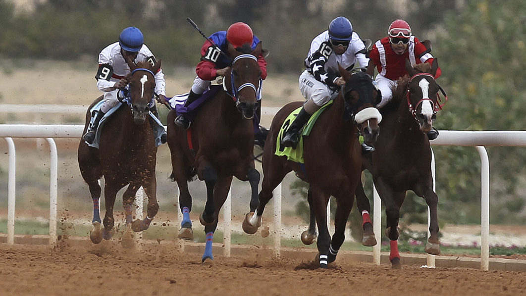 Jockeys compete during a horse race, organised as part of the Prince Sultan Bin Abdulaziz International Arabian Horse Festival, in a farm in Al-Khalidiya