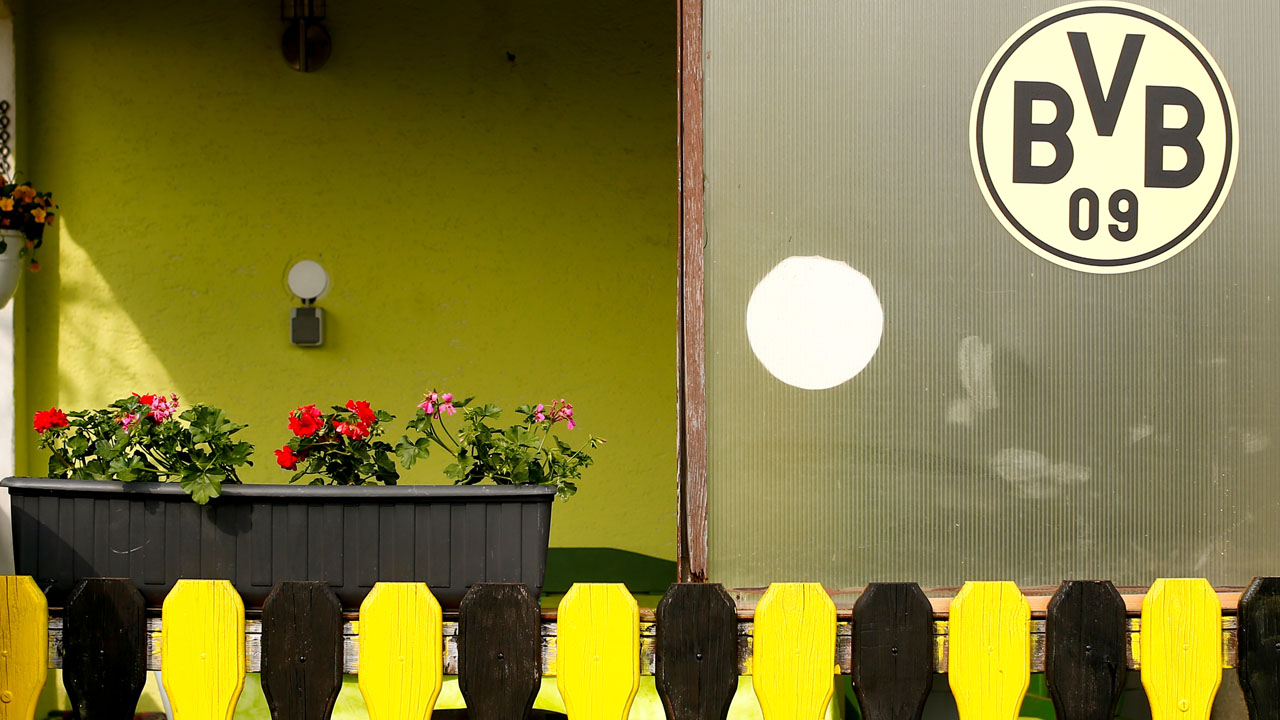 A logo of Borussia Dortmund is pictured in a allotment garden