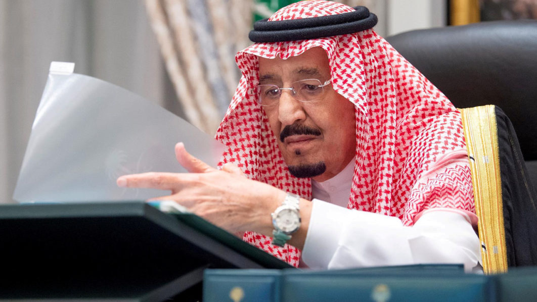 Saudi Arabia’s King Salman bin Abdulaziz attends a virtual cabinet meeting in Neom