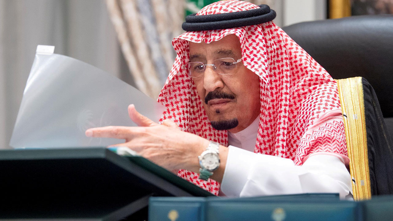 Saudi Arabia’s King Salman bin Abdulaziz attends a virtual cabinet meeting in Neom
