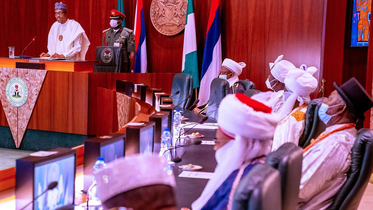 Buhari meeting with monarchs at Presidential Villa, Abuja.