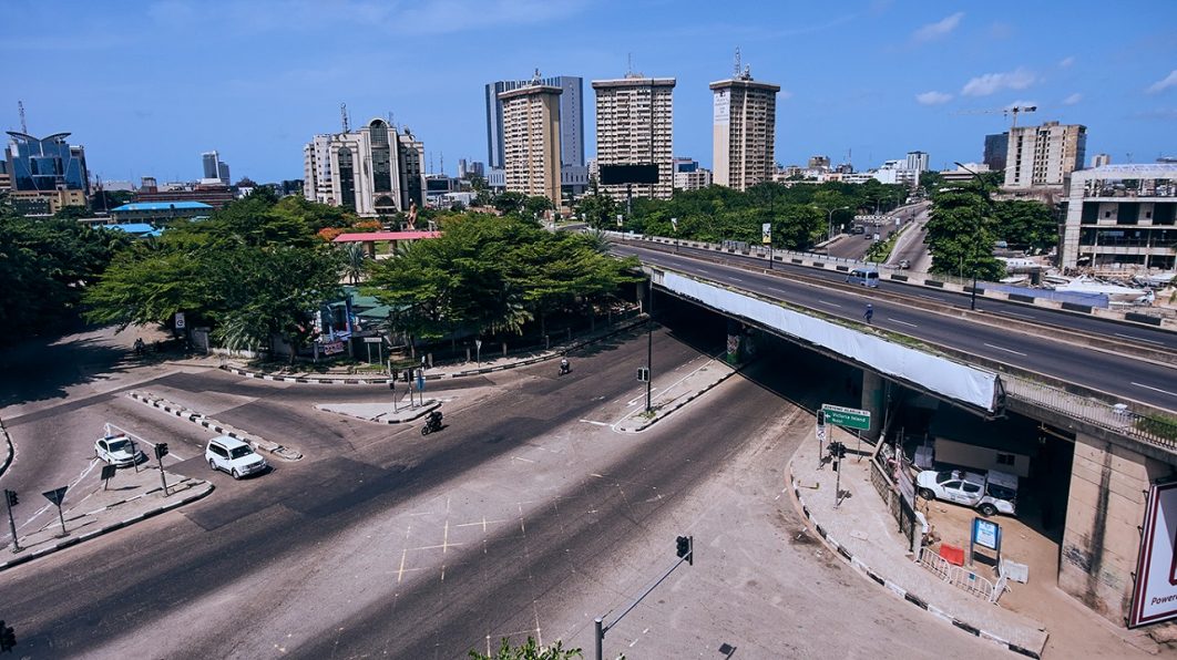 Deserted roads around Victoria Island and CMS area of the state during the Covid19 lock down. Image by Olusegun Aderogba / Shutterstock.com. Nigeria, 2020.