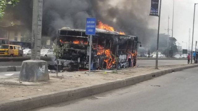 Panic as BRT bus bursts into flames in Lagos