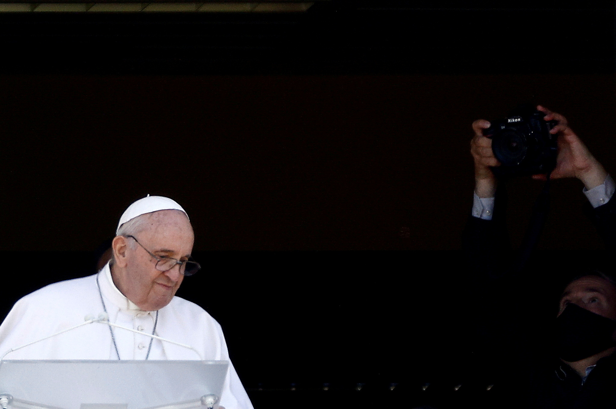 FILE PHOTO: Pope Francis leads the Angelus prayer from Gemelli hospital in Rome