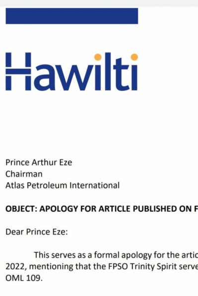 French Media Group Hawilti Apologizes to Atlas Petroleum International Limited (Atlas) for Publishing False and Misleading Information about Atlas’ Operations in Nigeria