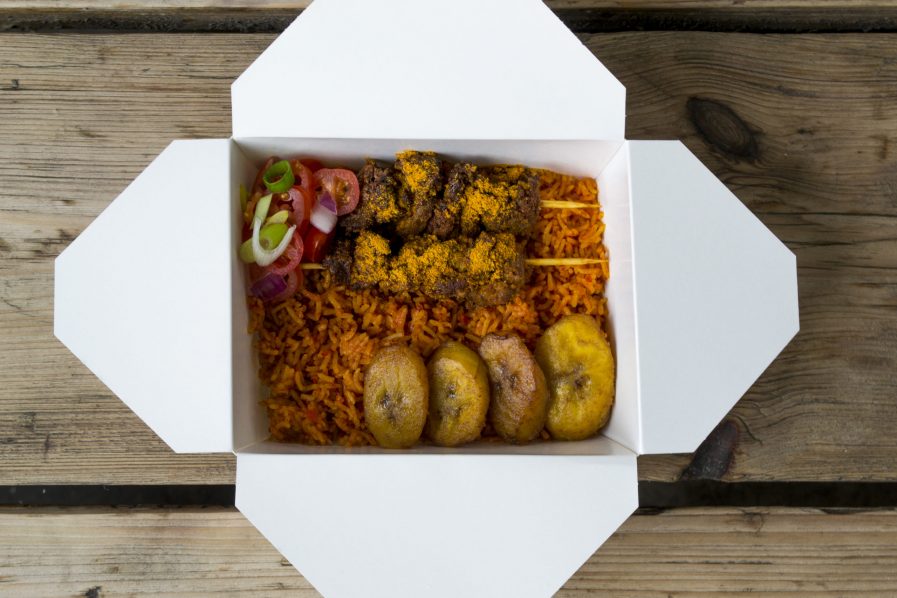 Lamb suya with jollof rice and fried plantain. Photo Souldeliciouz