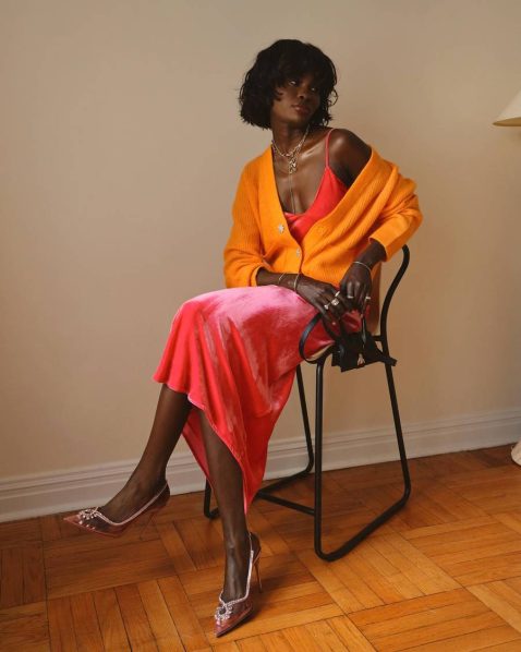 satin slip dress cardigan Photo @lefevrediary