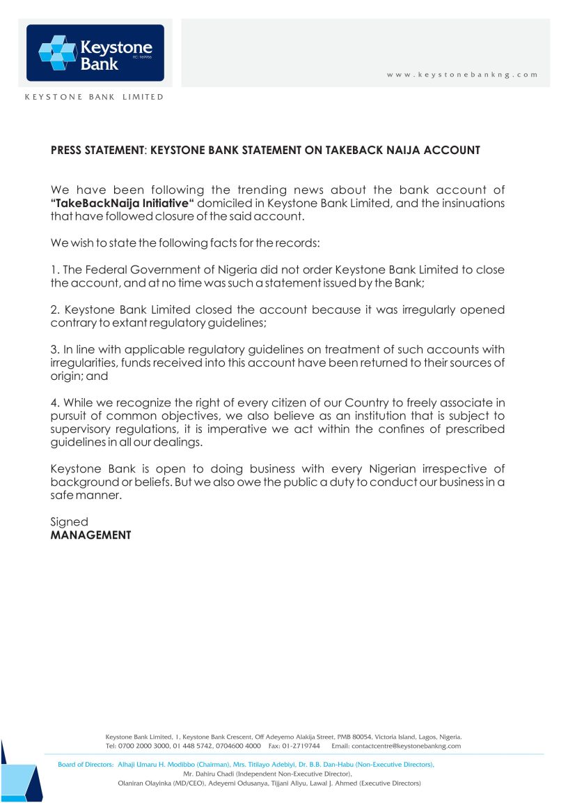 keystone-bank-says-fg-did-not-order-it-to-close-takebacknaija-account