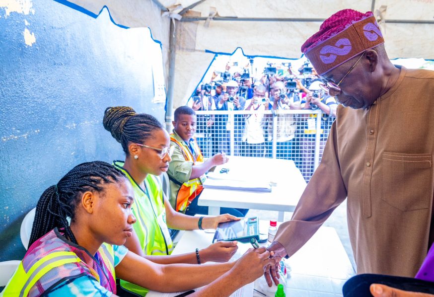 Bola Tinubu being accredited to vote in Ikeja, Lagos