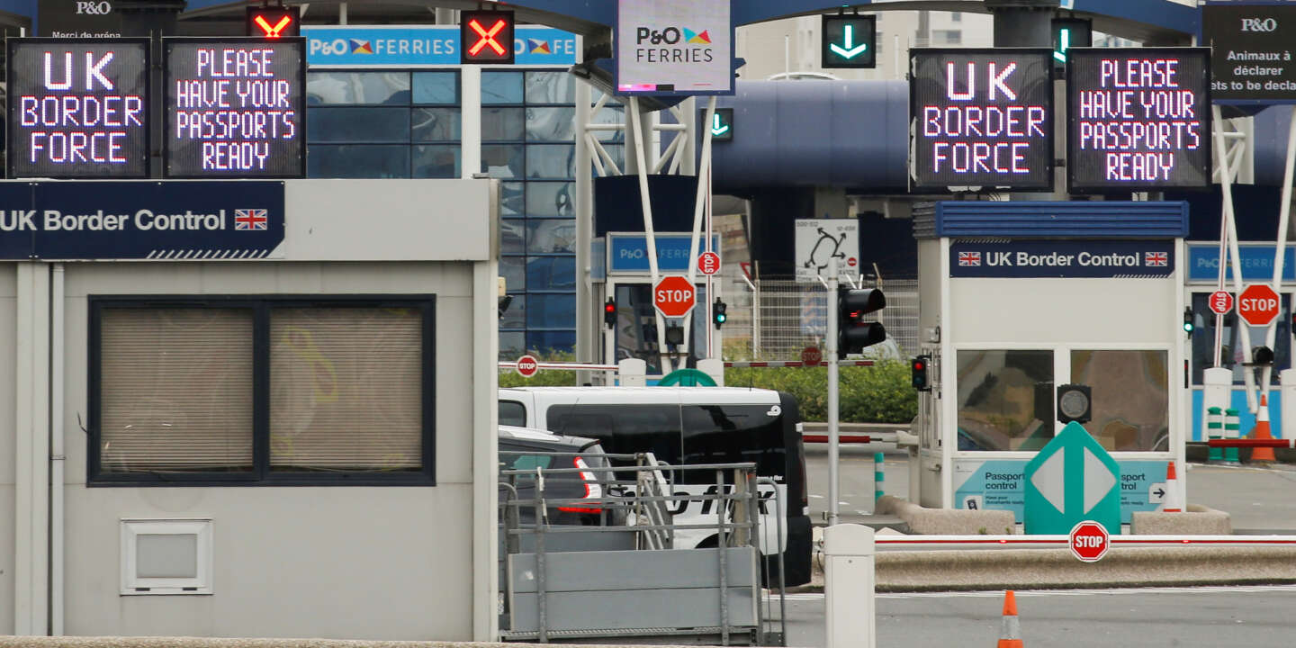 UK border force booths are seen at the terminal ferry in Calais, as the 14-day quarantine for international arrivals was introduced this monday