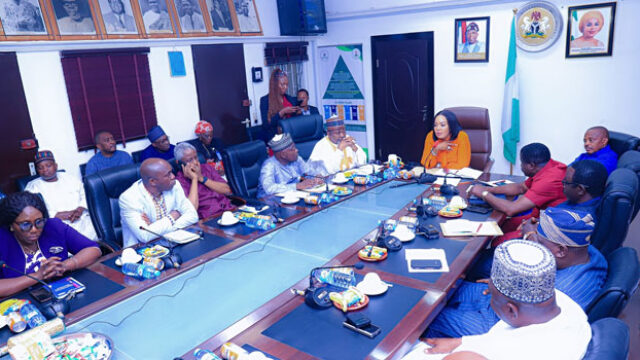 The Minister of State for Labour and Employment, Nkeiruka Onyejeocha meets with the NLC President, Joe Ajaero in Abuja on February 13, 2024. Credit: X/@nkeiruka_reps