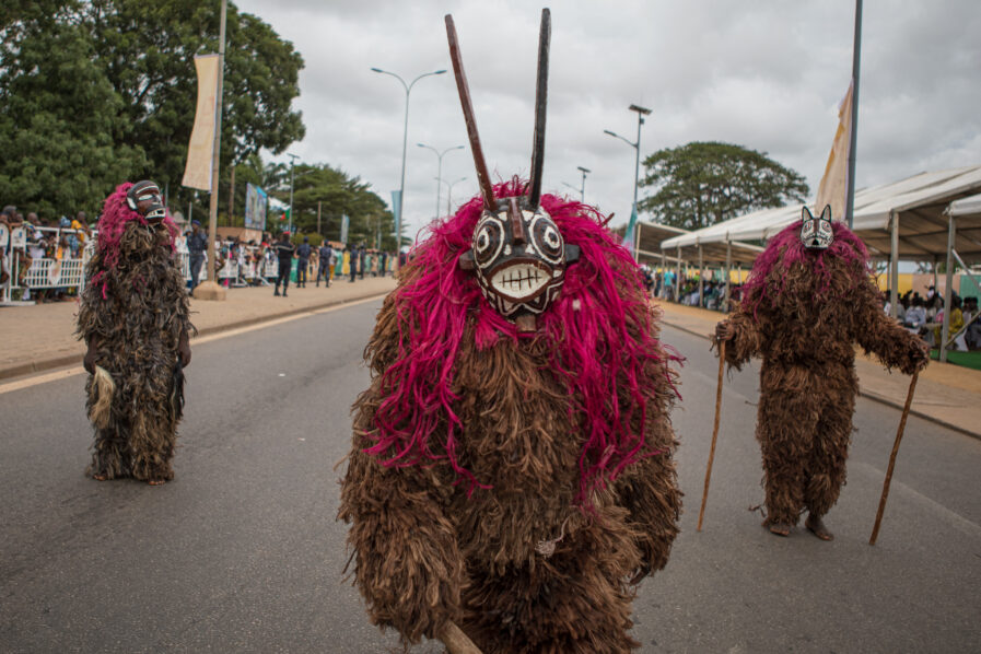 Masks from Burkina Faso parade during the grand procession of traditional masks in Porto-Novo on August 4, 2024. Photo by Yanick Folly for AFP