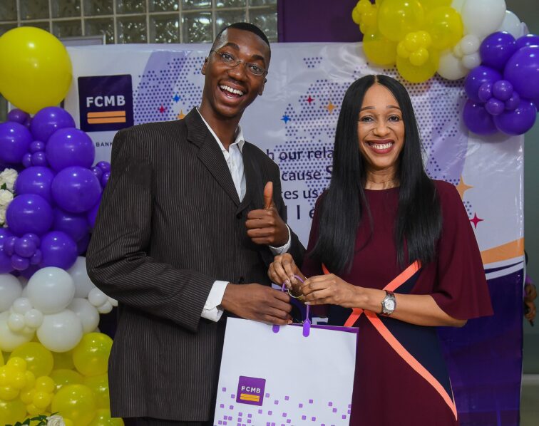 Divisional Head, Corporate Services & Service Management, Felicia Obozuwa, pictured with comedian and actor, Isaac Olayiwola (Layi Wasabi), at the Ikeja GRA Branch of the Bank in Lagos. 
