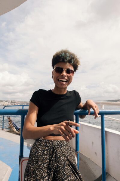 A woman laughing