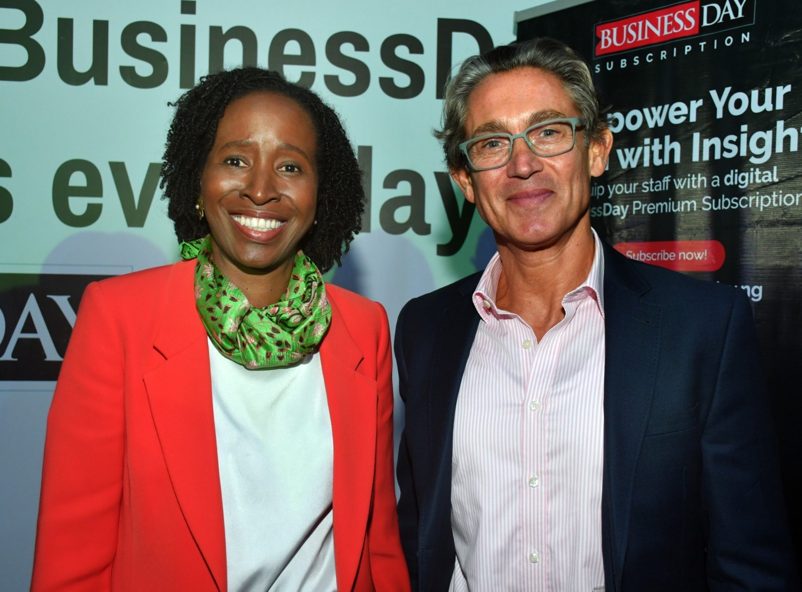 Special Adviser to the President on Finance and the Economy, Sanyade Okoli (left),  and the Managing Director, BAT West and Central Africa, Yarub Al-Bahrani, at the 2025 edition of the BusinessDay CEO Forum held at the Federal  Palace Hotel, Lagos, recently