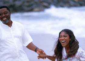 Mercy Johnson and her husband, Prince Odianosen Okojie, during their 14th wedding anniversary celebration at the beach Instagram@mercyjohnsonokojie.