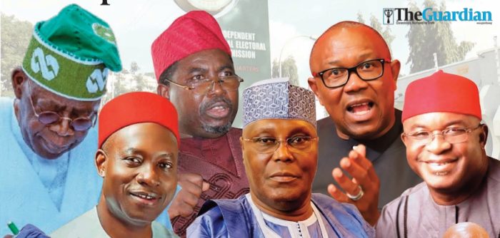 A collage of President Bola Ahmed Tinubu (top left) alongside Professor Amupitan, Governor Charles Soludo (bottom left), Atiku Abubakar (center), and Peter Obi (top right),