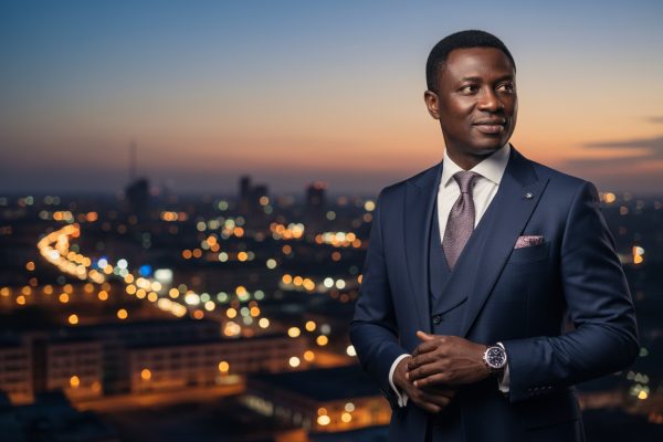 an actor from Nigeria, the whole city on the background at night