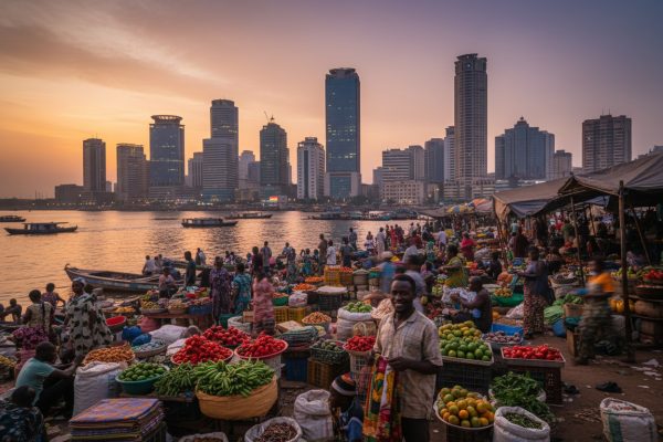 Nigerian man on a market with the city on the background
