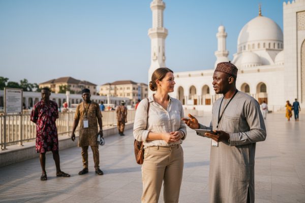a Nigerian man speaking to a tourist