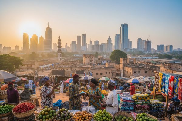The city of Nigeria in the background and ppl in a market in the front