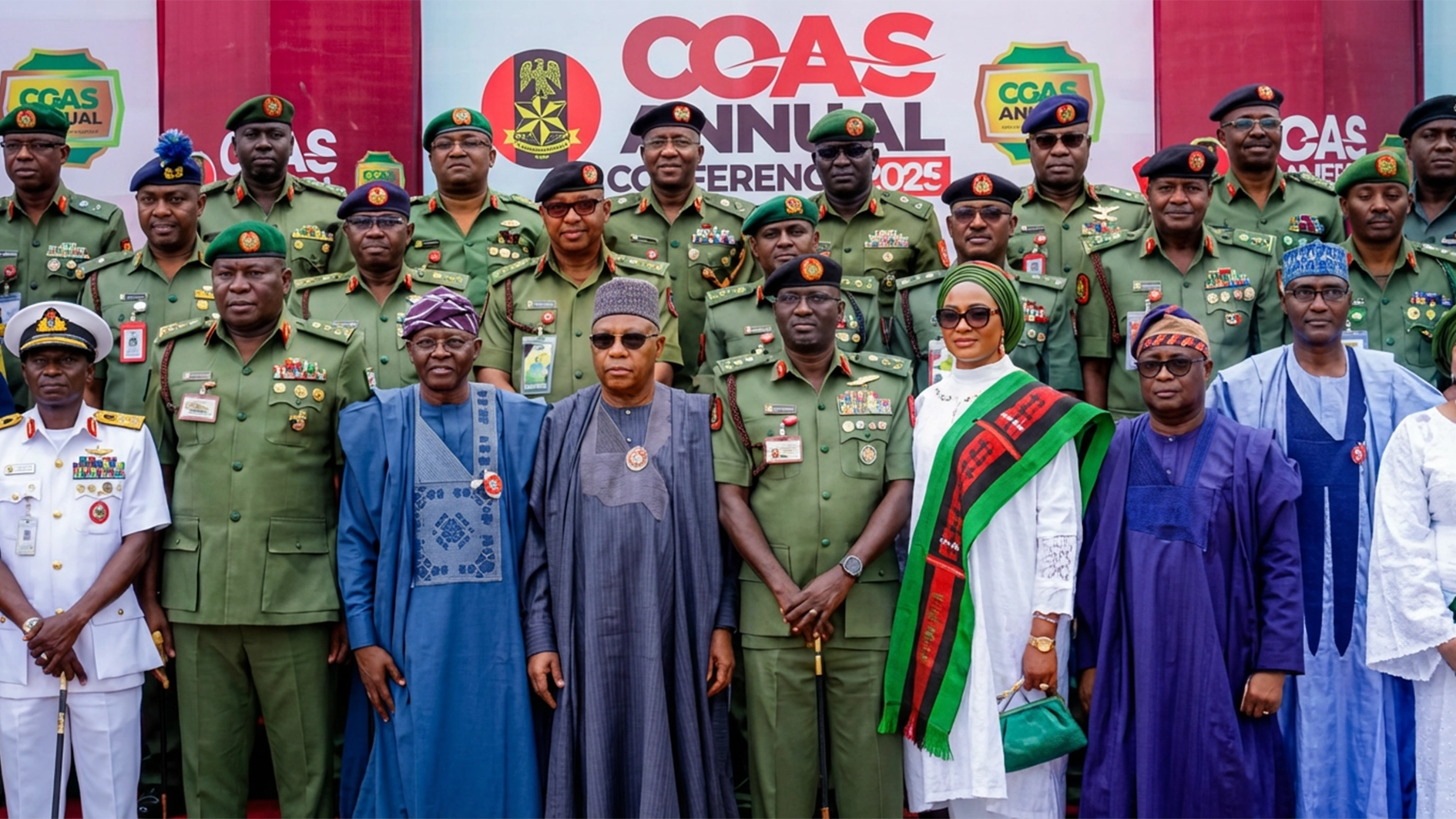 Chief of Naval Staff, Vice Admiral Idi Abbas (left); Chief of Defence Staff, General Olufemi Oluyede; Lagos State Governor, Babajide Sanwo-Olu; Vice President, Kashim Shettima; Chief of Army Staff, Lt.- Gen. Waidi Shaibu; his wife, Safiyyah; representative of the Speaker of the House of Representatives, Jimi Benson; Senator Azeez Musa Yar’Adua, representing the Senate President, and other senior army officers during the opening ceremony of the 2025 COAS Yearly Conference in Lagos, yesterday.