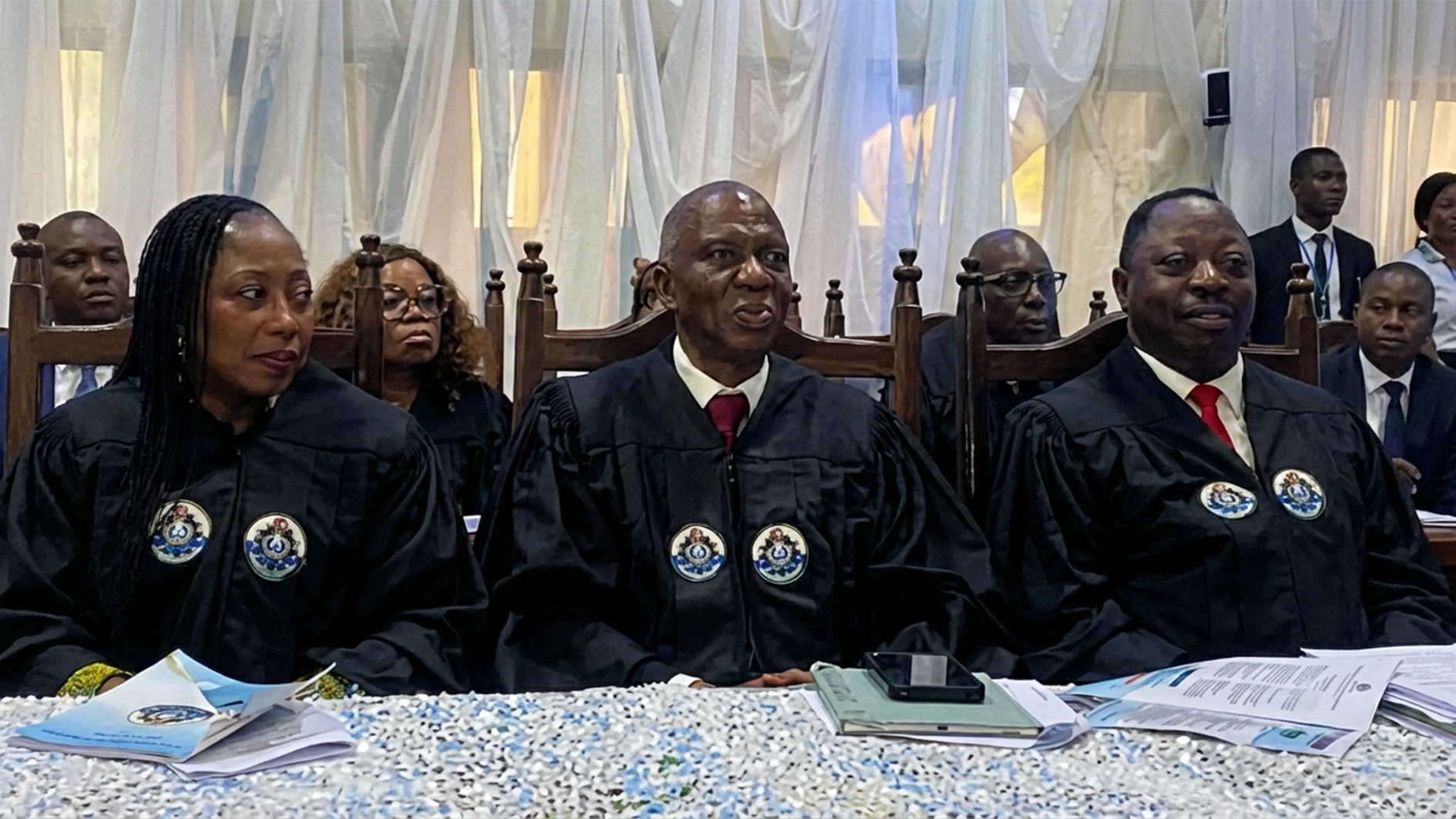 Deputy Vice Chancellor (DVC) (Administration), Prof Basirat Oladipupo (left); Vice Chancellor (VC), Prof. Olumuyiwa Odusanya and DVC (Academics), Prof Abiodun Denloye at the LASUSTECH matriculation ceremony held on Monday.