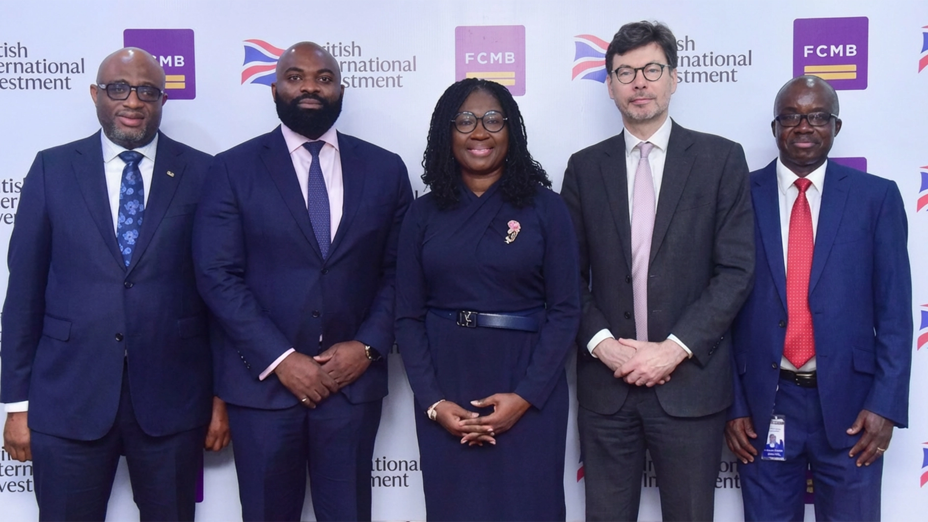 Divisional Head, Treasury and International Banking, First City Monument Bank (FCMB), Gerald Ikem (left); Managing Director and Head of Africa, British International Investment (BII), Chris Chijiutomi; Managing Director/Chief Executive Officer, FCMB, Yemisi Edun; British Deputy High Commissioner in Lagos, Jonny Baxter and Head of Nigeria, BII, Benson Adenuga, at the signing of a $50 million credit facility provided by BII to FCMB to drive growth and economic inclusion for Micro, Small, and Medium-sized Enterprises (MSMEs) in Nigeria held in Lagos.