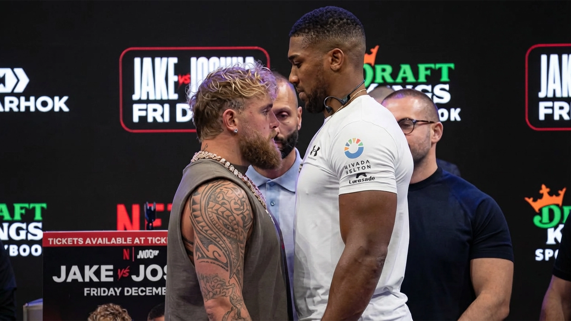 Jake Paul, left, and Anthony Joshua, right. PHOTO AP