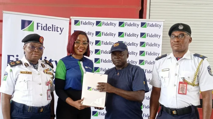 Lagos State Controller, Federal Fire Service, CF (Controller of Fire), Adebayo Funke (left); Marketing Business Partner, Fidelity Bank Plc, Tolulope Rojaiye; Assistant Superintendent of Fire, Ishola Folorunsho Olufemi and Station Commander, Onikan Fire Station, Lagos, Okeke Ferdinand during the donation of firefighting equipment to the Federal Fire Service at Ikoyi, Lagos.