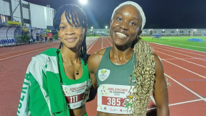 Nigeria’s girls’ 100m gold medalist Rosemary Chigozie Nwankwo (left) with Oluchi Ndubueze, who won the silver medal for South Africa at the ongoing African Youth Championship in Angola.