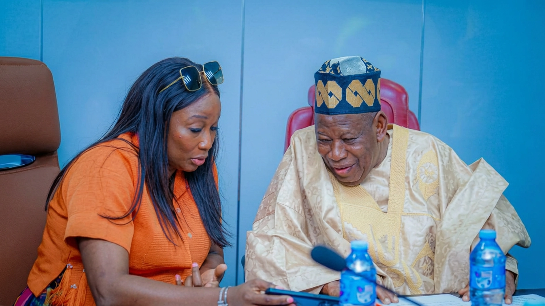 Seated From The Left Is The Pioneer Female Managing Director/ Chief Executive of FAAN , Mrs. Olubunmi Oluwaseun Kuku, while on The Right Is His Excellency, Abdullahi Umar Ganduje PhD, The Chairman, Governing Board of FAAN.