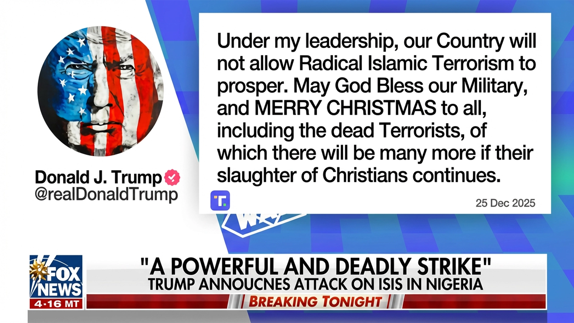 Screenshot of Donald Trump’s Christmas Day statement on ISIS and terrorism referencing Nigeria, dated December 25, 2025.