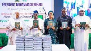 Wife of the late President Muhammadu Buhari, Aisha (left); President Bola Tinubu; his wife, Oluremi Tinubu; the author, Dr Charles Omole and Gambian President, Adama Borrow during the official presentation of the book, ’From Soldier to Statesman: The Legacy of Muhammadu Buhari’ at the Presidential Villa Abuja, yesterday.