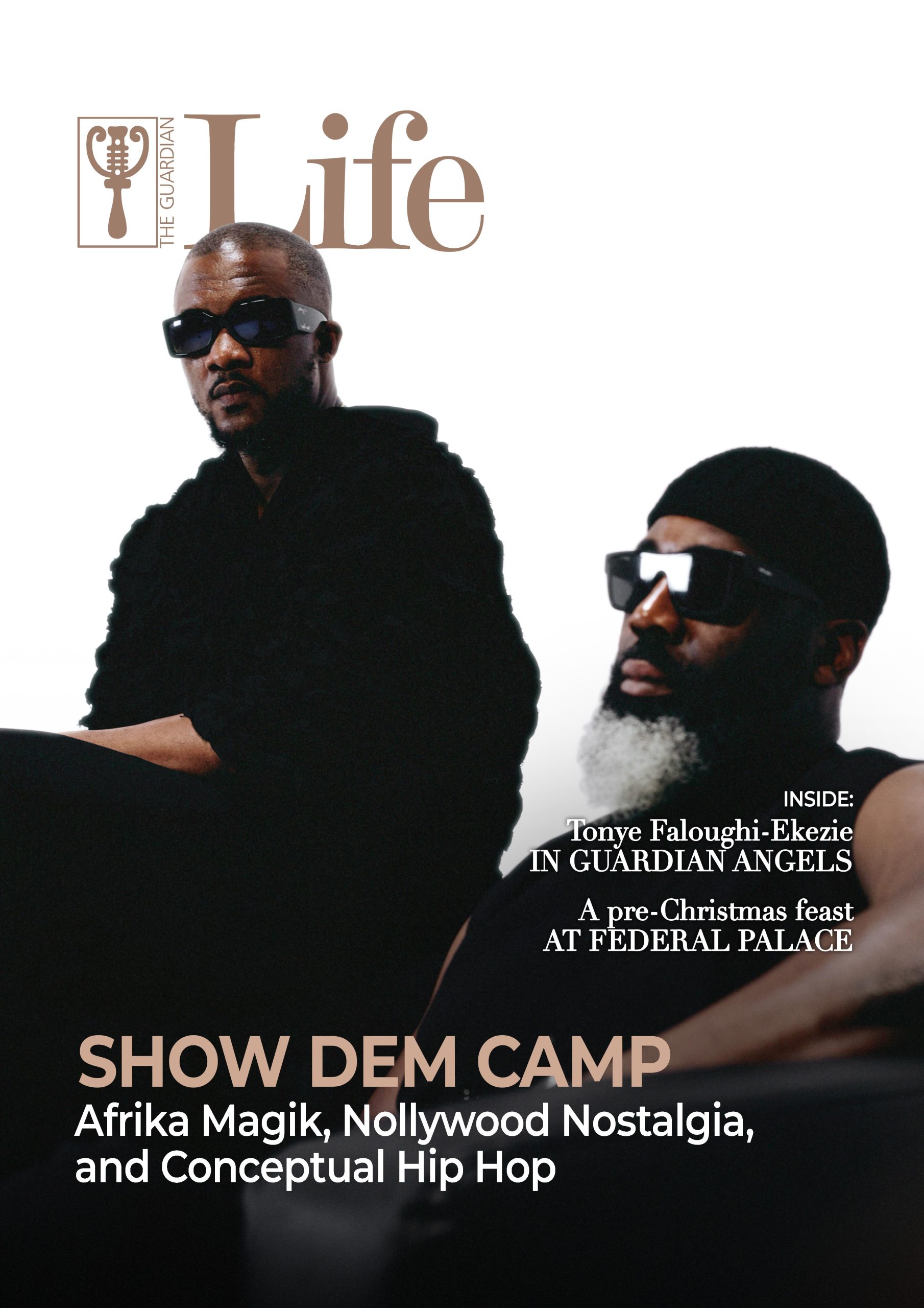 Guardian Life cover featuring Nigerian rap duo Show Dem Camp. Tec and Ghost appear in a minimalist studio portrait for their Afrika Magik album feature rooted in Nollywood nostalgia and hip hop culture.