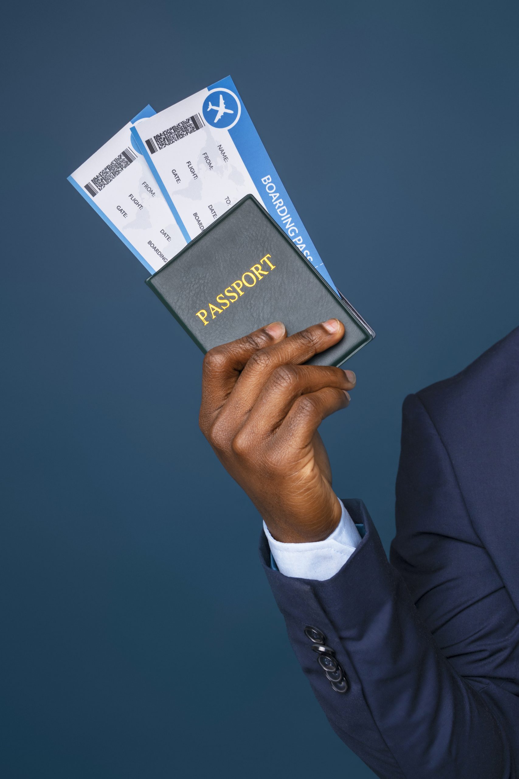 A picture of a passport and flight ticket