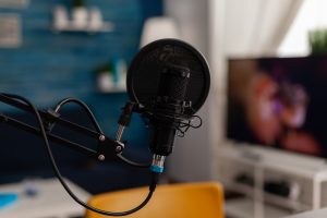Closeup of recording microphone in home studio