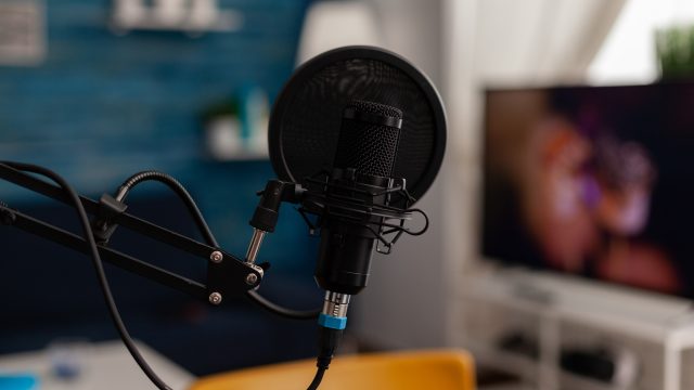 Closeup of recording microphone in home studio