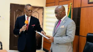 Akwa Ibom State officials and an Interaf Group representative at the signing of the MoU on Ibom Deep Seaport project