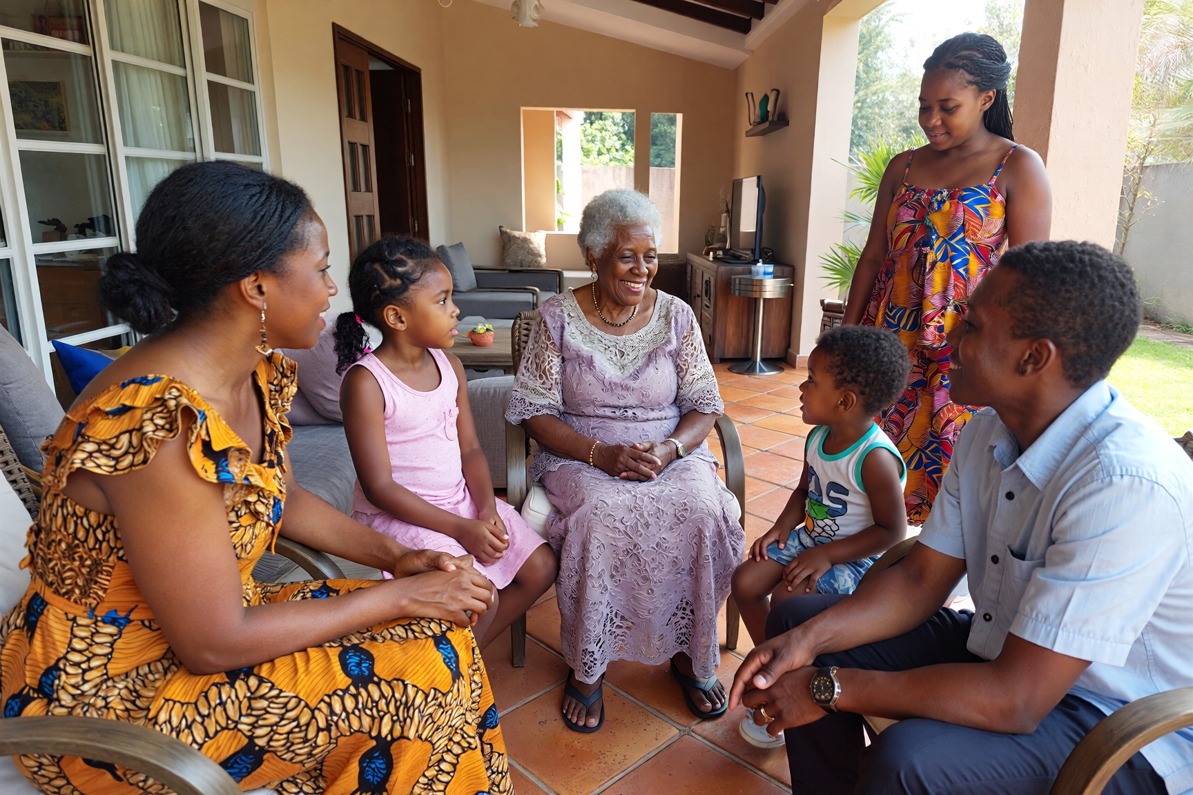 African family talking to each other while sitting inside their house