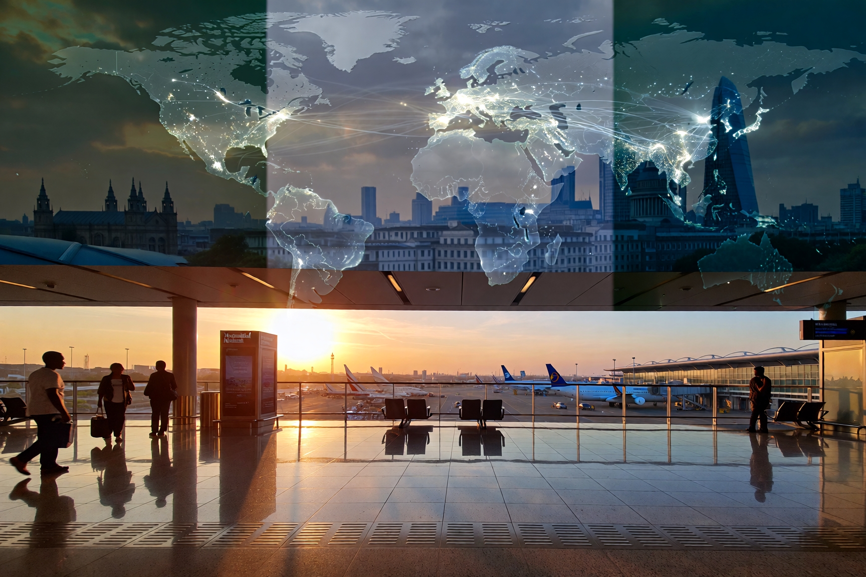 a landscape picture, on the top hand a Nigerian flag with all the countries underneath, and in the bottom a landscape picture of an airport