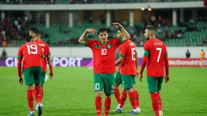 Brahim Diaz celebrates after scoring for Morocco